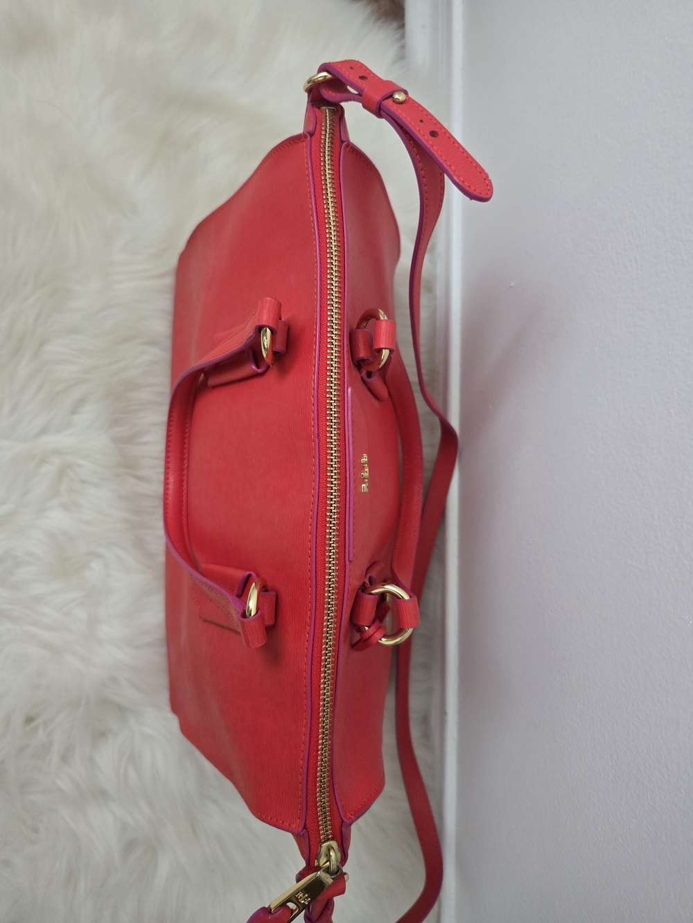 Lauren Ralph Lauren Leather Satchel Crossbody Coral Red Gold Hardware - Picture 5 of 11